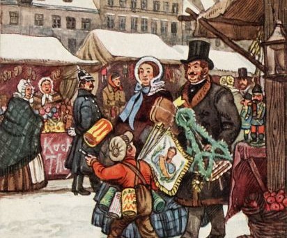 Szene auf einem Weihnachtsmarkt. Kolorierte Zeichnung (Bild: Mitte Museum)